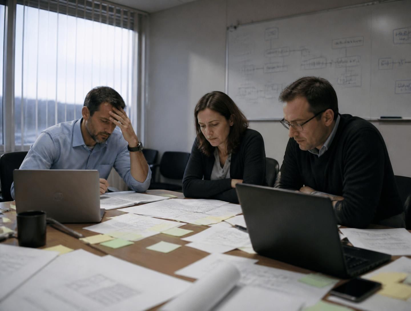 Enterprise architecture team reviewing stalled project documents in a conference room