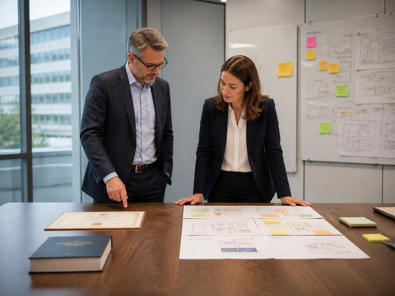 Two enterprise architects comparing an exam certificate and textbook against printed EACOE architecture deliverables on a boardroom table